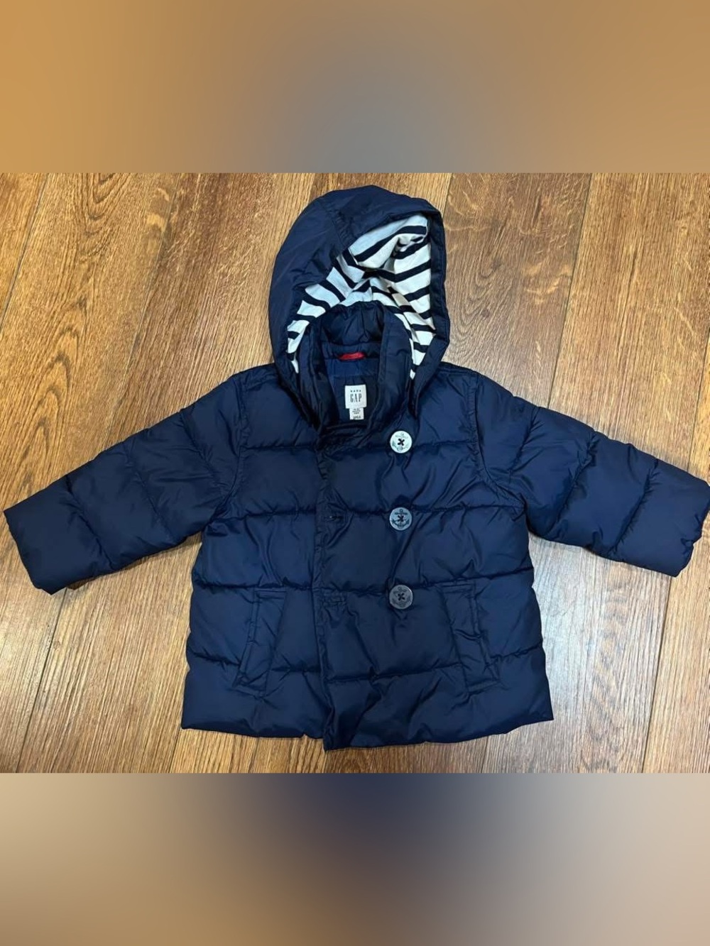 Toddler Boy (18-24m) GAP Navy Hooded Puffer Coat with Striped Lining